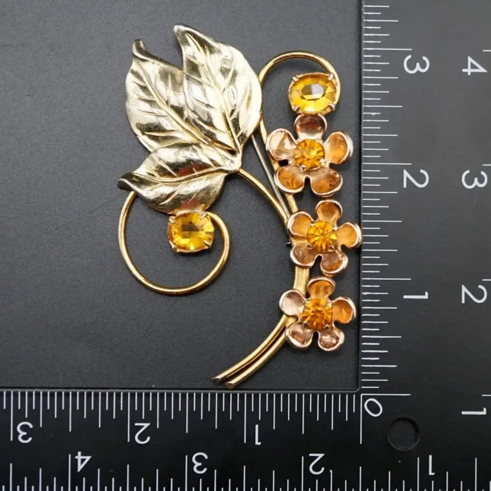 Vintage Sterling Silver Vermeil Flower Floral Spray Brooch Rhinestone Pin‎ 3